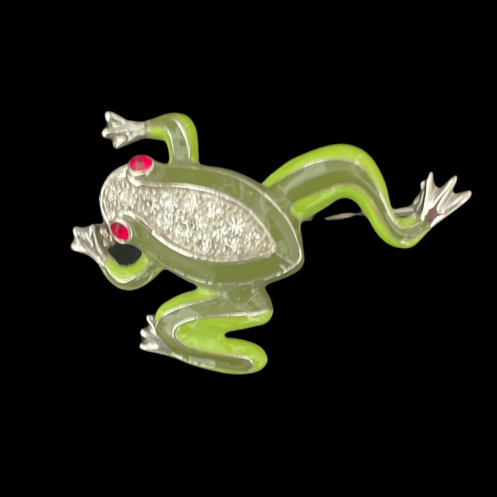 Vintage Green Enamel & crystal Frog Pin Silver Tone Brooche Red crystal Eyes